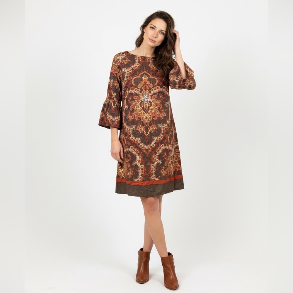 NY & Company Brown Paisley Print Bell Sleeve Dress - Size‎ Small